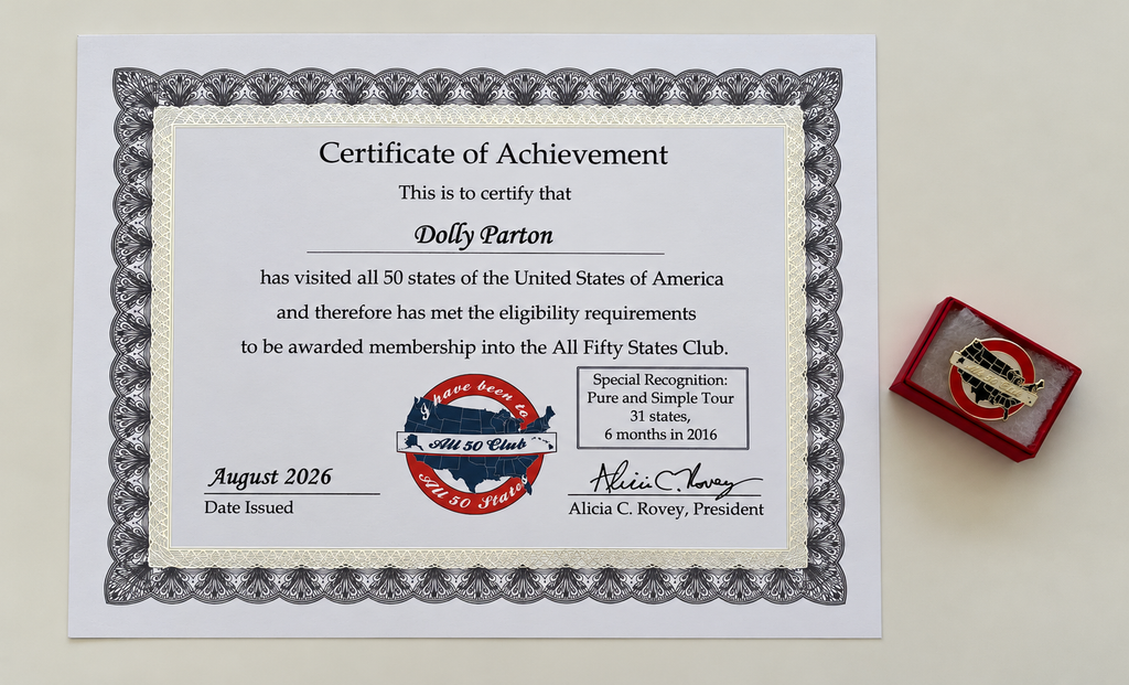 All 50 Club Membership, Certificate, and Pin