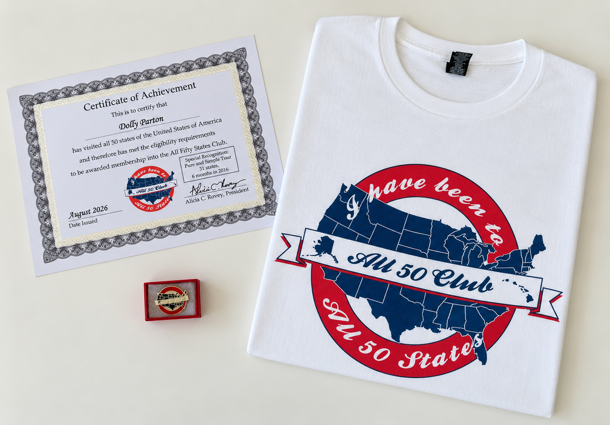 All Fifty Club Membership, Certificate, Pin, and T-shirt
