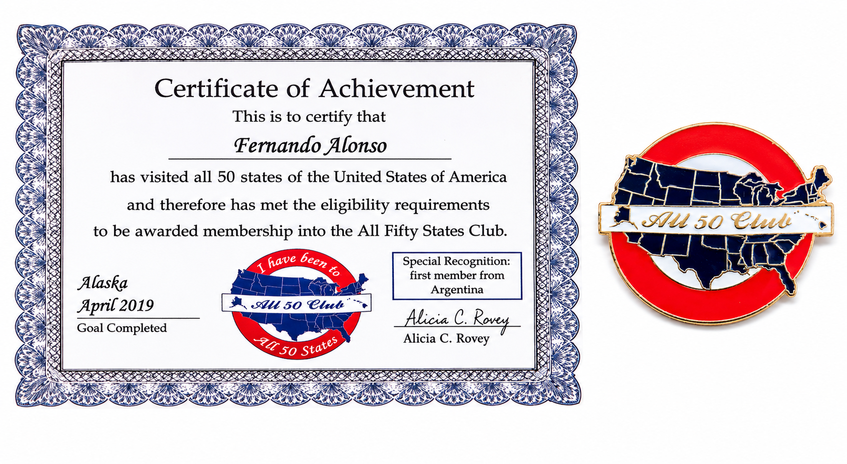 All Fifty Club Membership, Certificate, Pin, and T-shirt