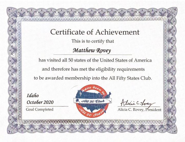All Fifty Club Certificate
