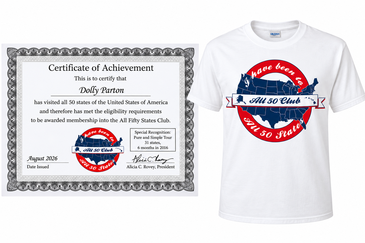 All Fifty Club Membership, Certificate, and All Fifty Club T-shirt