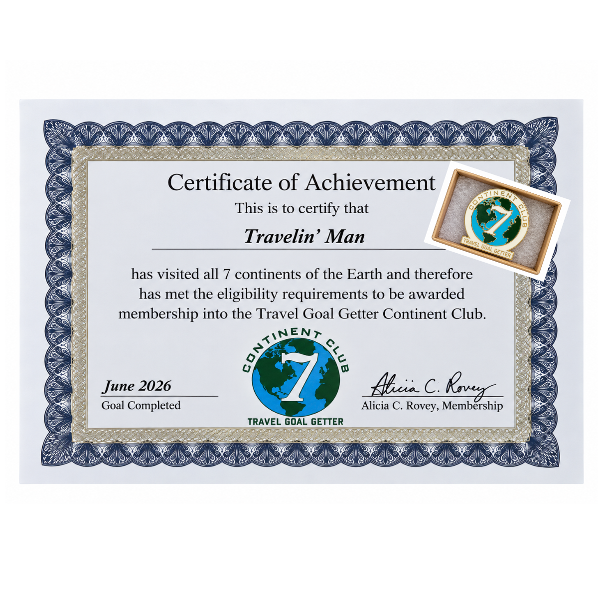 Continent Club Membership, Certificate, and Pin
